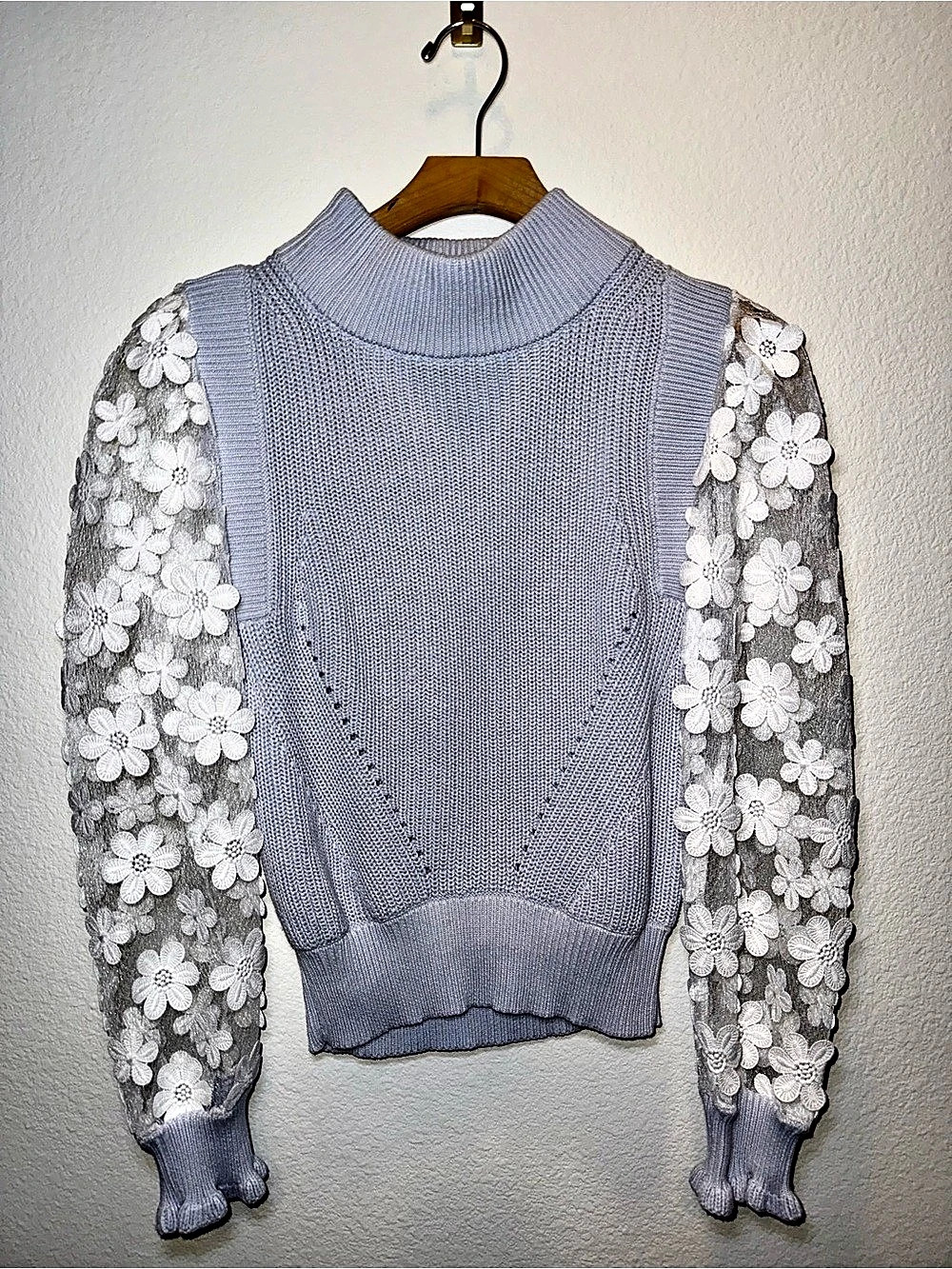 French Connection Baby Blue Floral Sheer Sleeve Knit Sweater XS